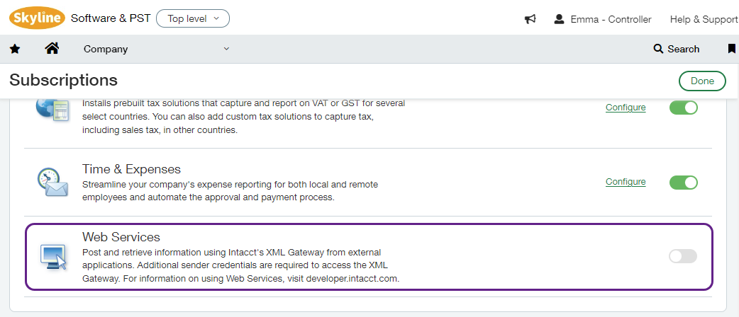 Screenshot of Sage Intacct interface displaying the Subscriptions list with the Web Services subscription option outlined.